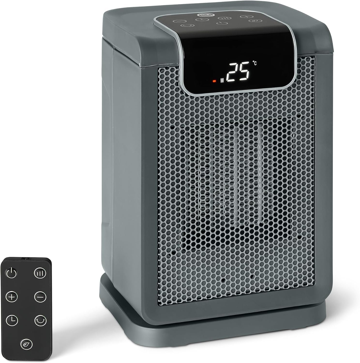 Amazon Basics Space Heater for Indoor Use with PTC Ceramic Technology, 1500W, Remote Control, 70° Oscillation, Digital Display, 5 Heat Modes, 24-Hour Timer, 10-inch, Grey