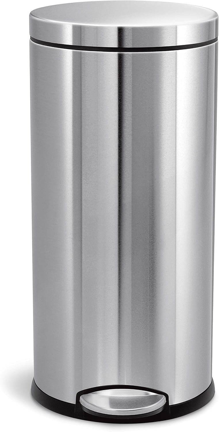 simplehuman Round Step Can, 30L / 8 Gallon Kitchen Trash Can, Iconic Round Shape, 150,000-Step Pedal, Lid Shox® Silent Close, Removable Inner Bucket, Brushed Stainless Steel