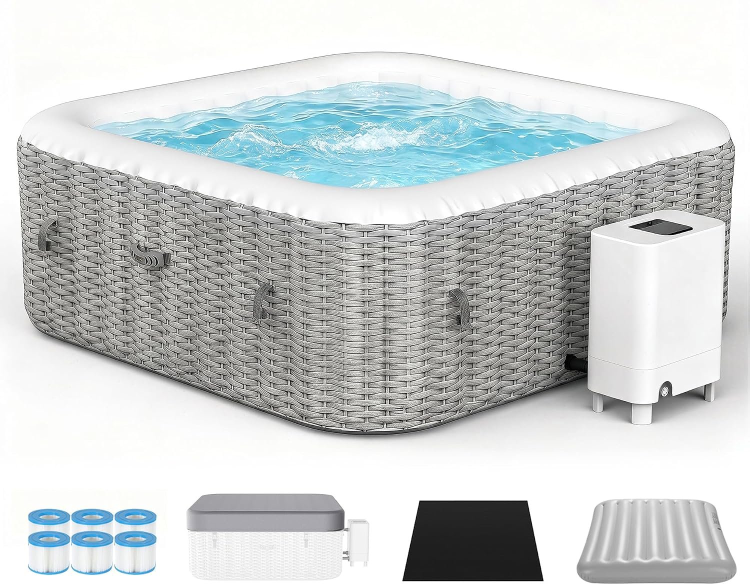 UHOMEPRO Inflatable Hot Tub Spa Set, Outdoor Bubble Massage 73″ Square Portable Hot Tubs, 4-6 Person Outdoor Hot Tub with External Heater Pump, 130 Soothing Jets, 6 Filter Cartridges
