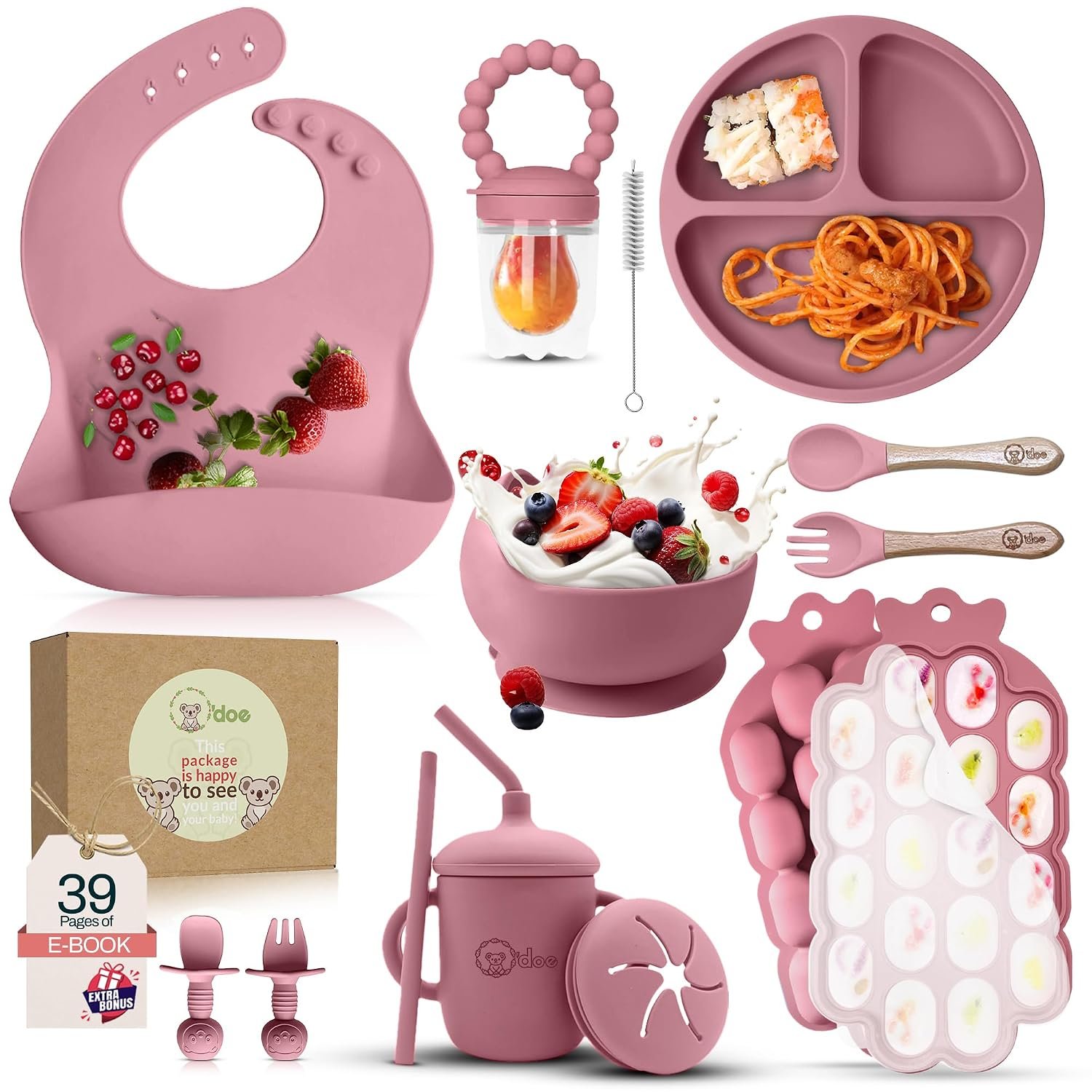 O’doe™Baby Weaning Set, 15 Pcs Silicone Baby Feeding Set BPA-Free | Silicone Feeding Set for Baby with Suction Plate, Bowl, Bib, Sippy Cup, Fruit Feeder & Freezer Tray
