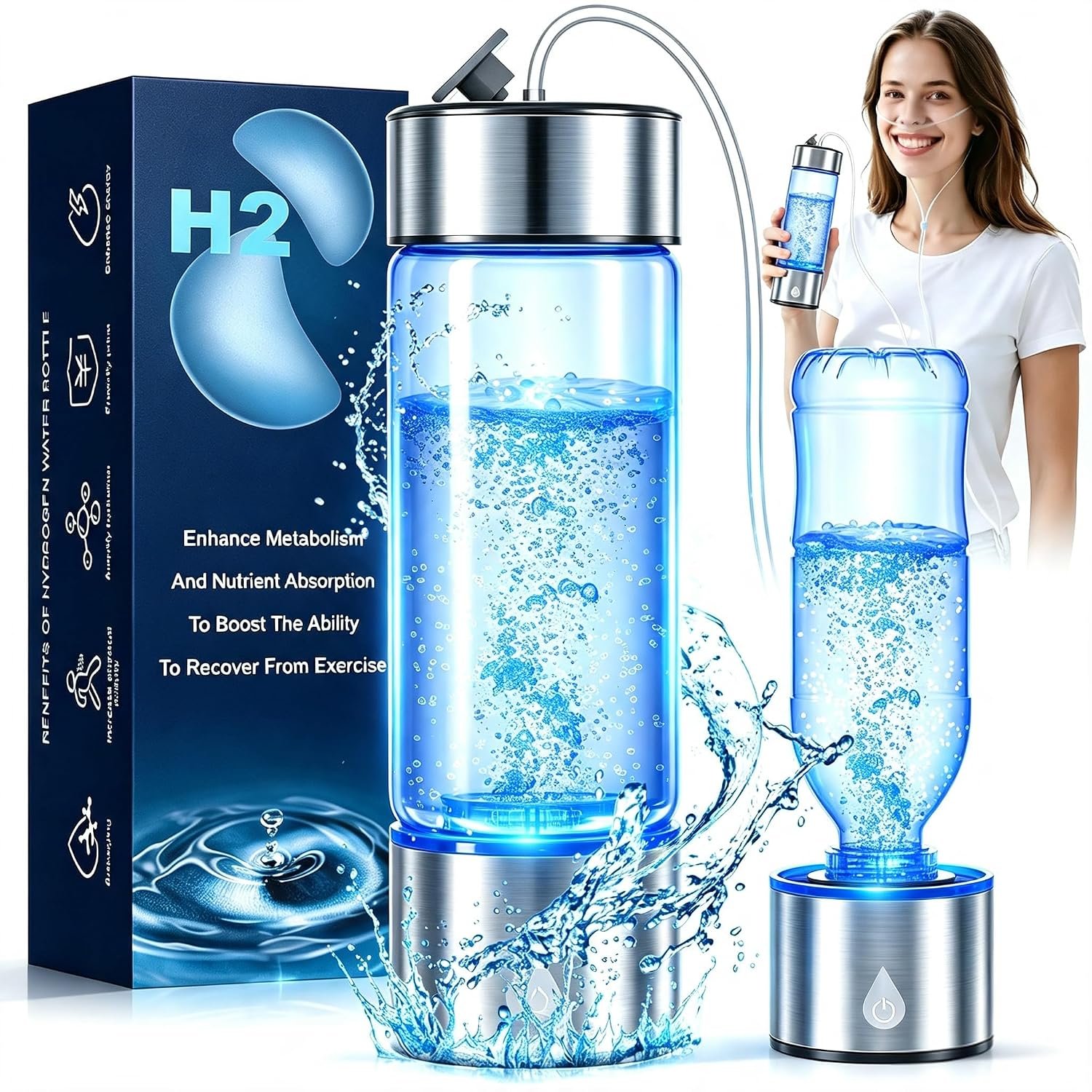 Hydrogen Water Bottle Generator, Portable Rechargeable Hydrogen Water, Hydrogen Water Ionizer Machine, with SPE/PEM Technology, for Home Office Travel Fitness Drinking