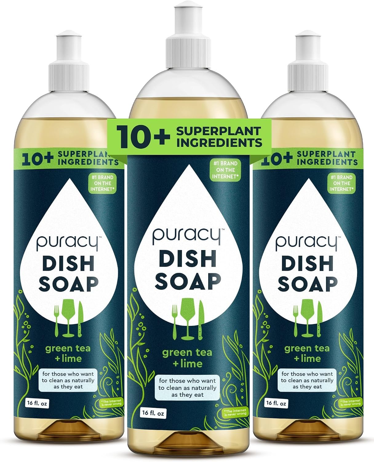 Puracy Dish Soap, Green Tea & Lime, Care for Your Dishes and Your Hands, 99.96% Plant-Based, Natural Liquid Dishwashing Detergent, Skin Friendly Sulfate-Free Kitchen Soap, 16 Ounce (3-Pack)