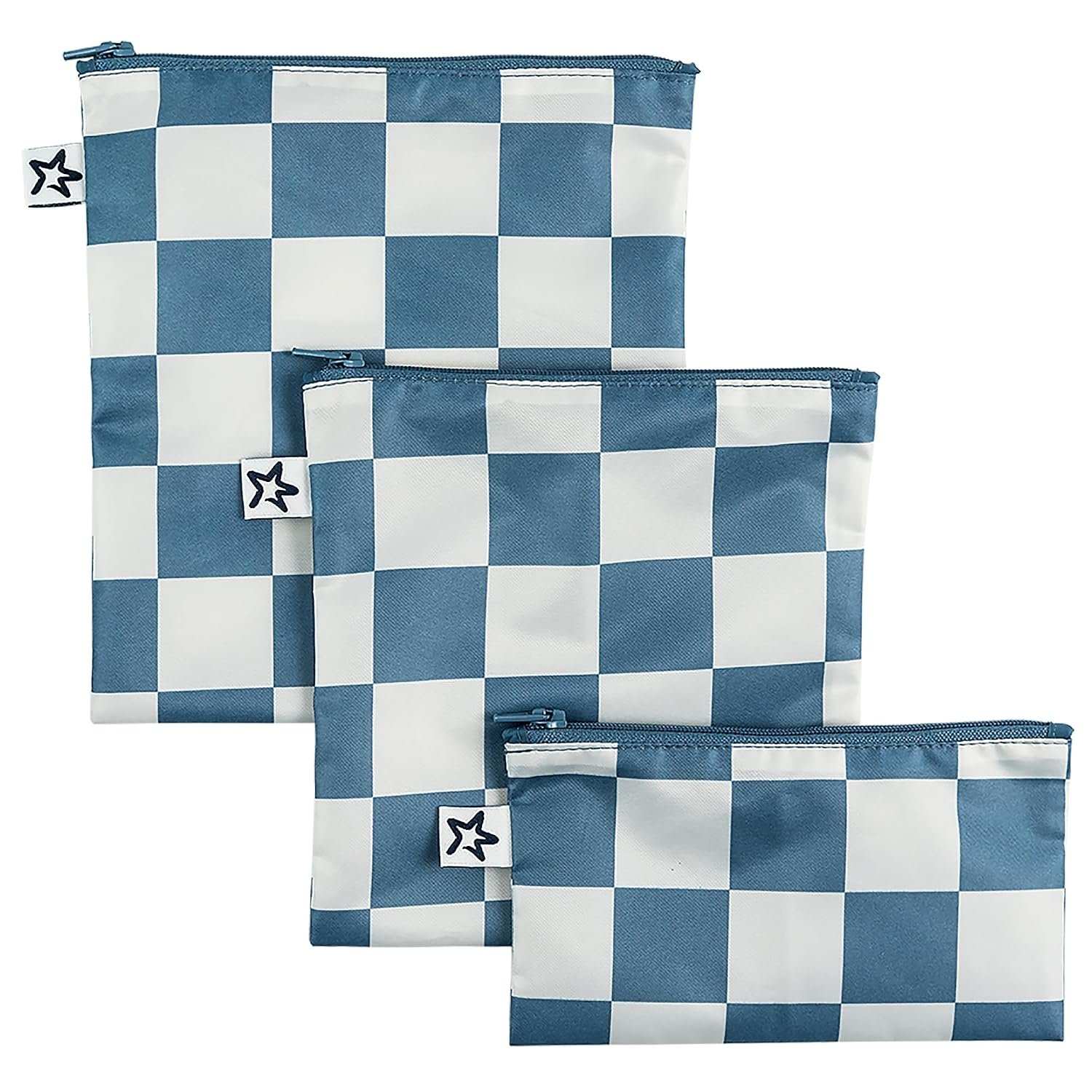 Tiny Twinkle Reusable Snack Bags for Kids – 3 Pack Snack Pouches & Sandwich Bag for Toddlers – Machine Washable, Mess-Proof for Lunch & Travel (Blue Checkers)