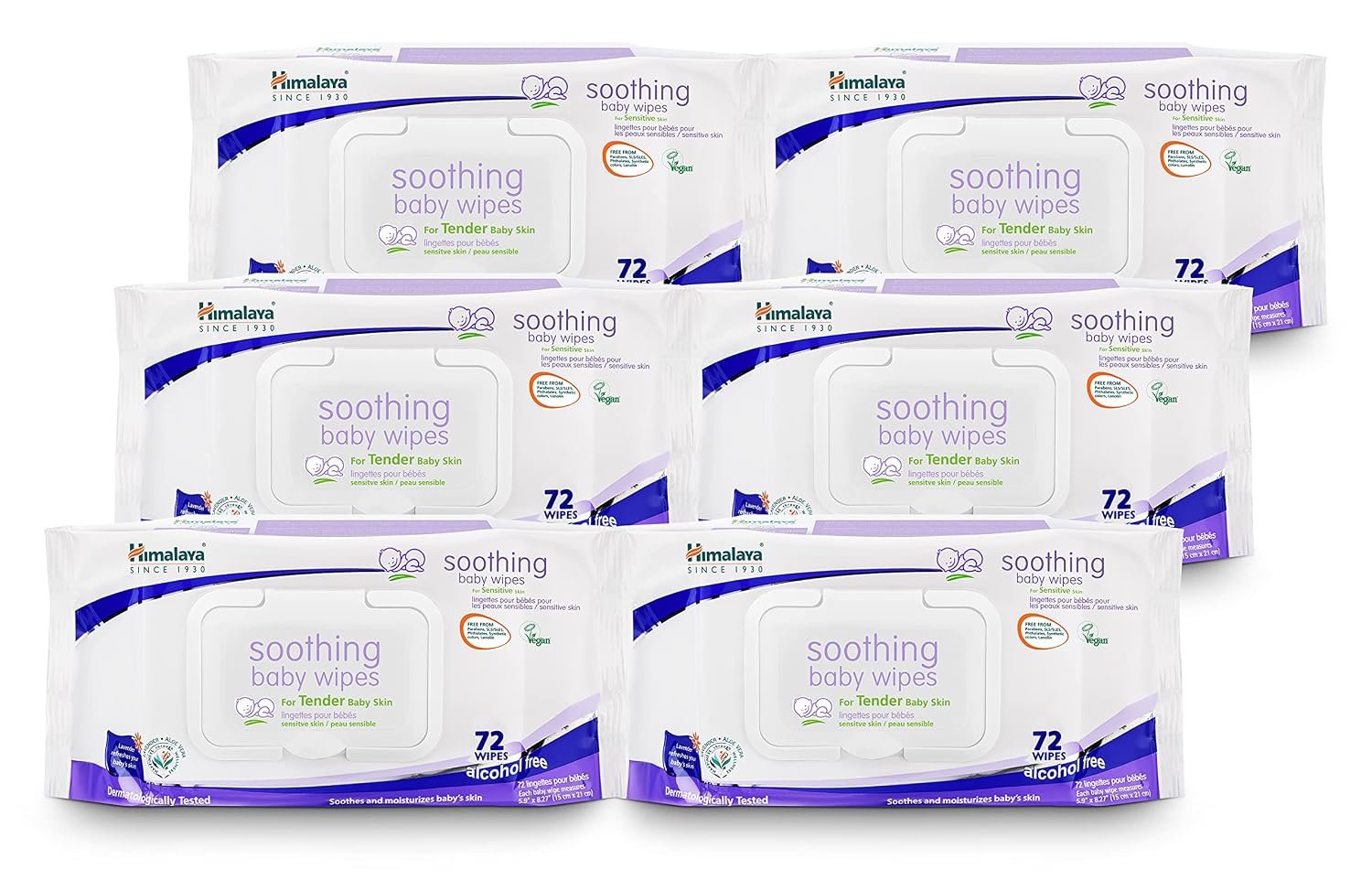 Himalaya Soothing Baby Calming Wipes, 72 ct, 6 Pack (432 Total) | Soft & Gentle Baby Wipes for Delicate Skin with Lavender & Aloe Vera, Alcohol Free, Paraben Free, Dermatologically Tested