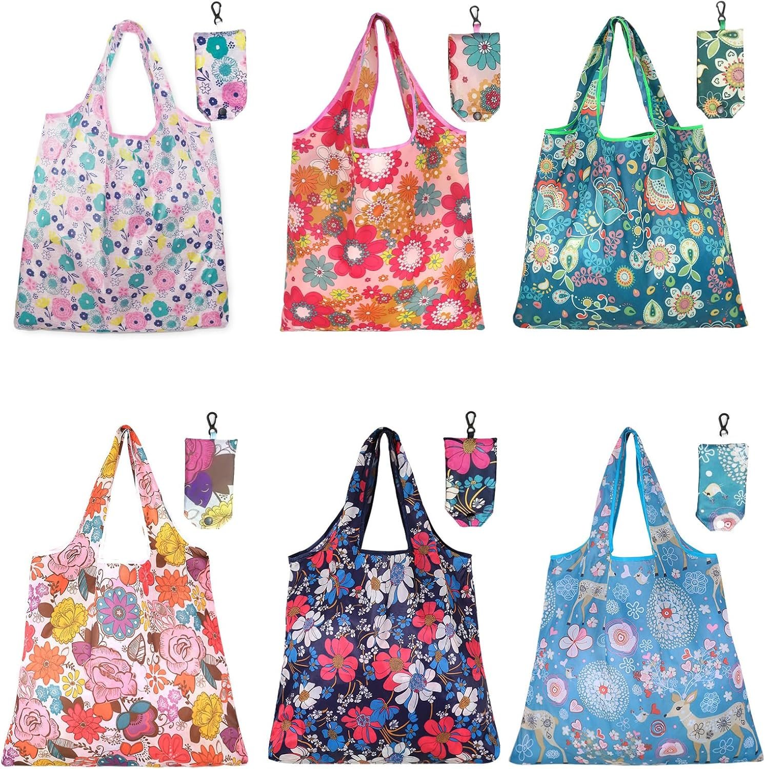 6 Pcs Reusable Shopping Bags Foldable, Machine Washable Shopping Grocery Bags in Pocket , Eco-Friendly Travel Recycle Shopping Bags, Waterproof Pouch Tote Bags for Daily Shopping Supplies load