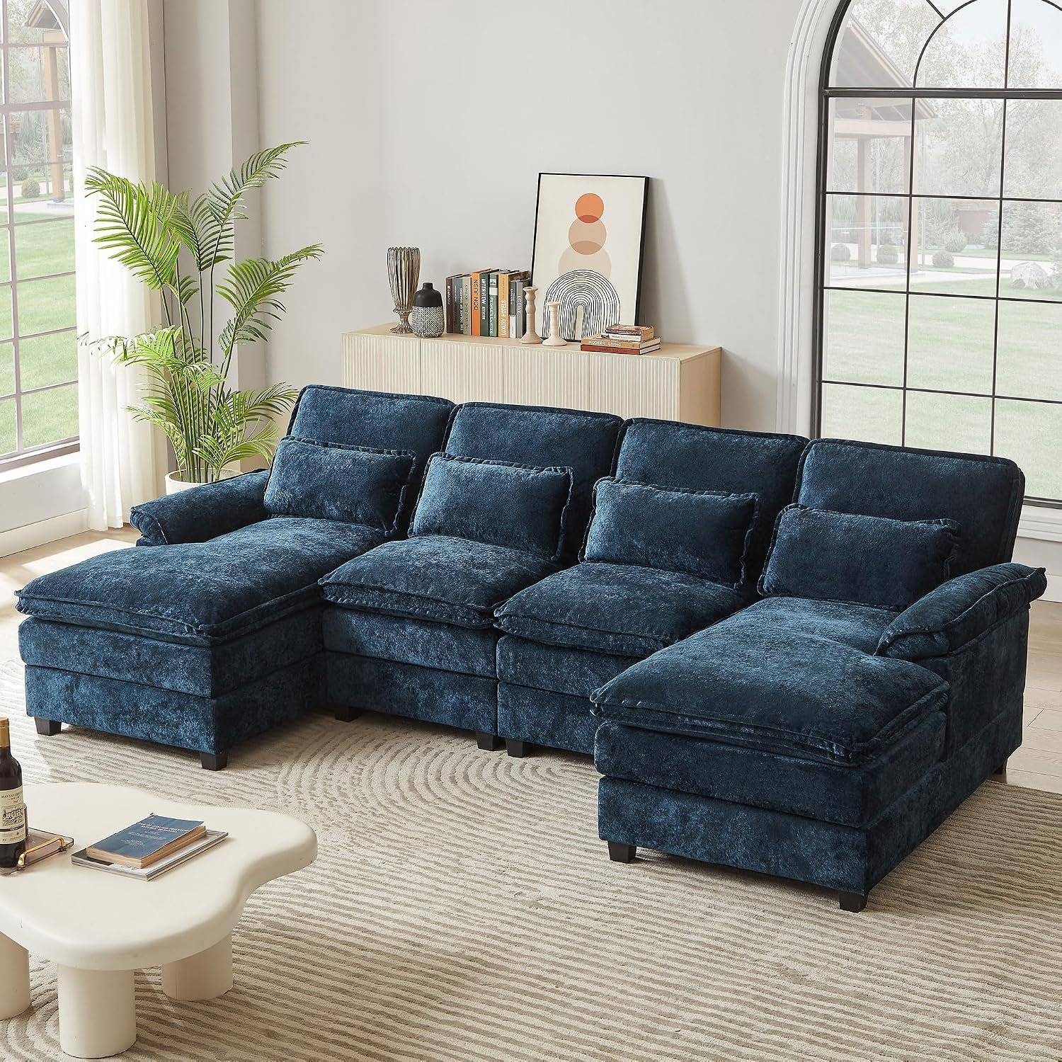 113″ Oversized Cloud Couch, U Shape Sectional 4 Seat Sofa with Double Chaises, 2 Layer Cusions, Deep Seat Comfy Sofa, Upholstery Chenille Fabric for Living Room, Blue