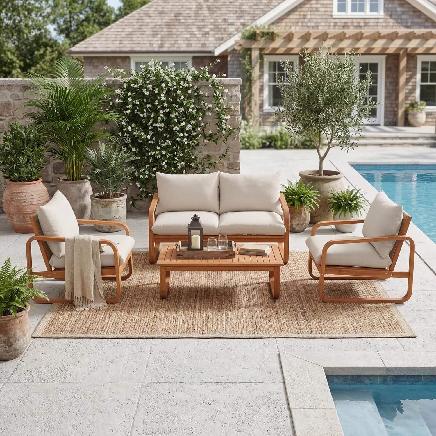 Merax Outdoor 4-Piece Acacia Wood Conversation Set – Patio 2-Seat Loveseat Sofa w/Cushion, 2 Armchair and Square Coffee Table for Backyard, Lawn, Balcony, Beige + Natural