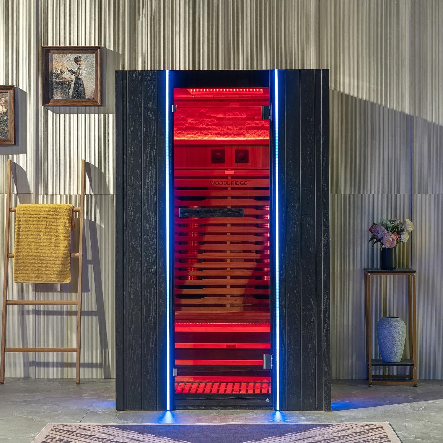 Woodbridge 2-Person Indoor FAR Infrared Black Sauna with WiFi-Enabled Smart Control, Crafted from Japanese Cedar – Features Red Light Therapy, Bluetooth Speaker, Chromotherapy Lighting