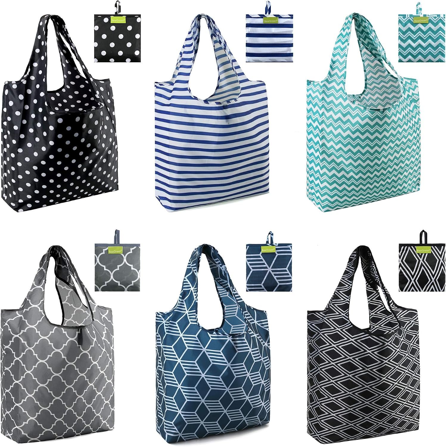 BeeGreen Grocery Bags | Reusable Gift Bags, Large Tote for Women & Foldable Beach Bag – 6 Pack Reusable Bag With Handles | Collapsible Cute Cloth Storage for Market, Holiday & Shopping | Washable​