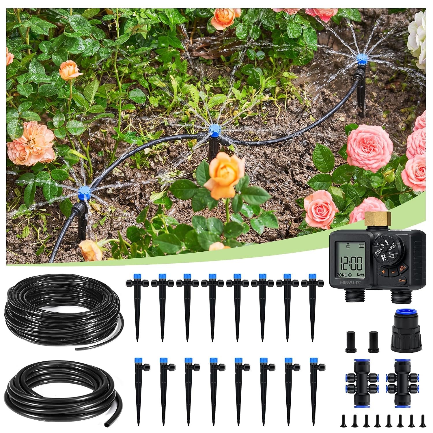 HIRALIY 82FT Drip Irrigation Kit with 2-Zone Garden Water Timer | Automatic Watering System with Quick-Connect Drippers, Rechargeable Irrigation Timer Kit for Raised Beds, Patio, Greenhouse