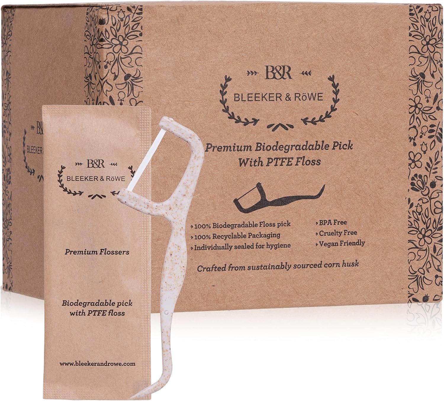 Bleeker and Rowe Biodegradable Individually Wrapped Floss Picks – Eco Friendly Flossers 150 Pack (PTFE Floss)…