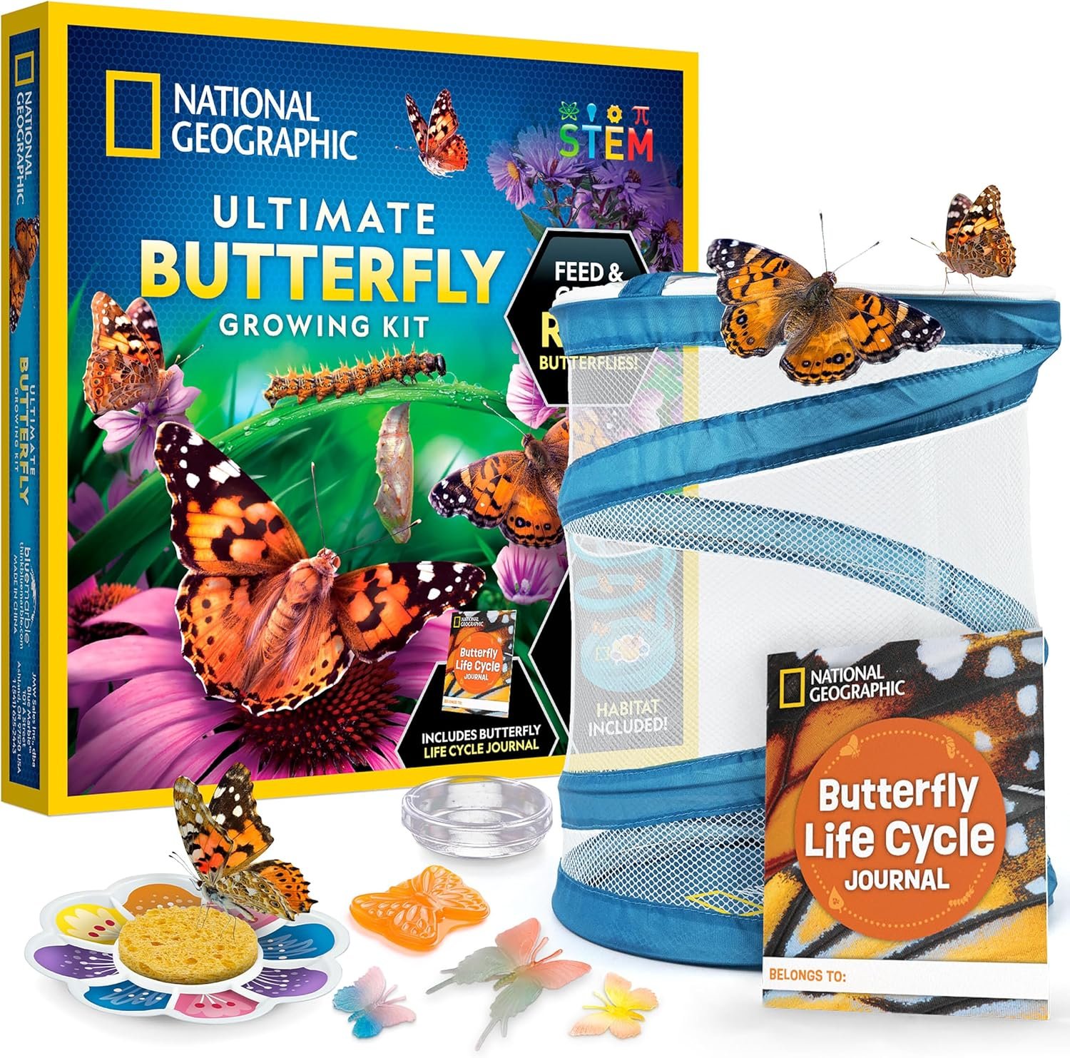 National Geographic Ultimate Butterfly Growing Habitat Kit for Kids | Voucher for 5 Caterpillars, Mesh Butterfly Habitat, Glow-in-the-Dark Figures, Metamorphosis Science, Outdoor Learning