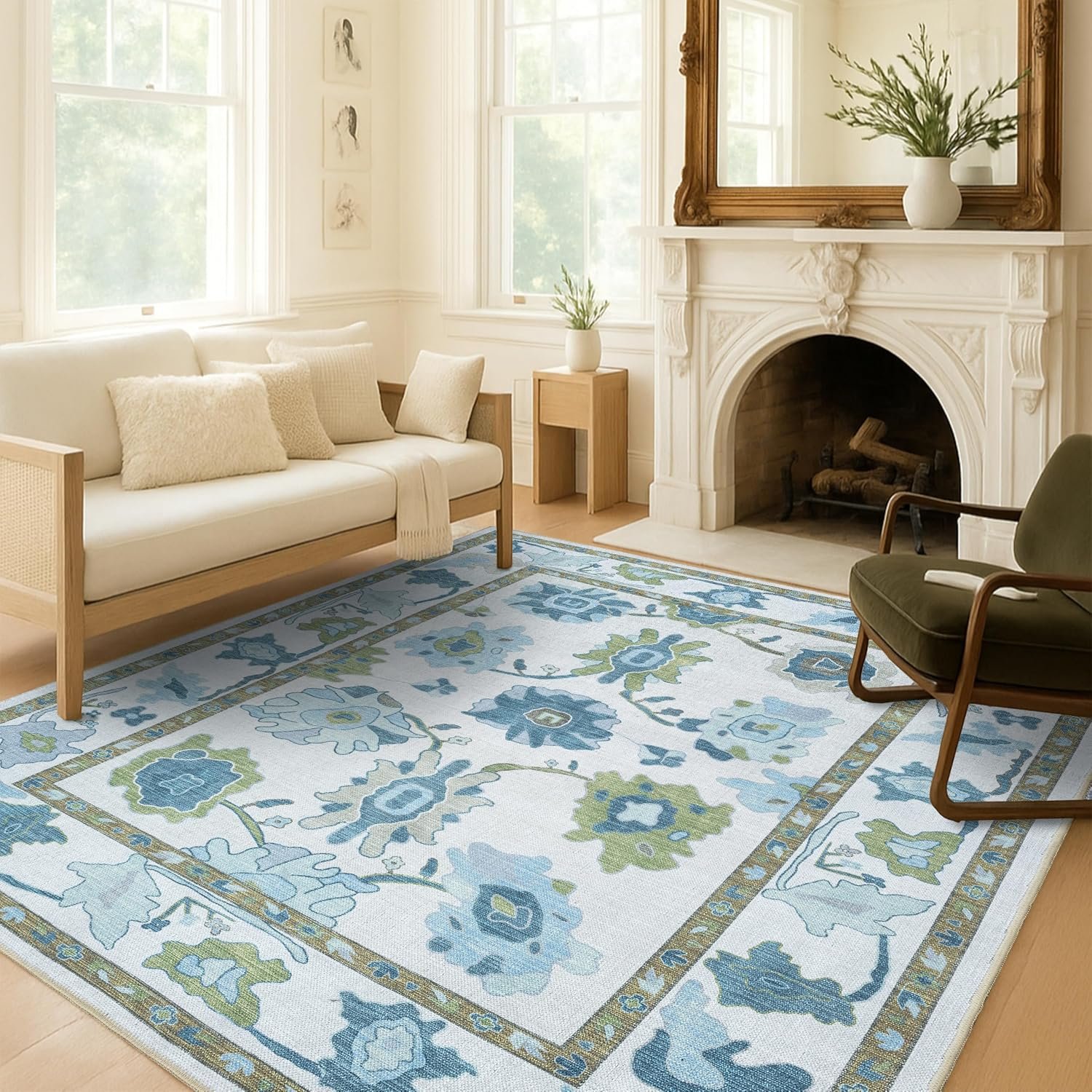 Fame Living Green Oushak Rug, Modern, Vintage, Turkish, Eclectic, Floral, Pastel, Washable, Large Area Rugs for Living Room, Dining, Bedroom, Girls, Boys, 7’5″x9’8″