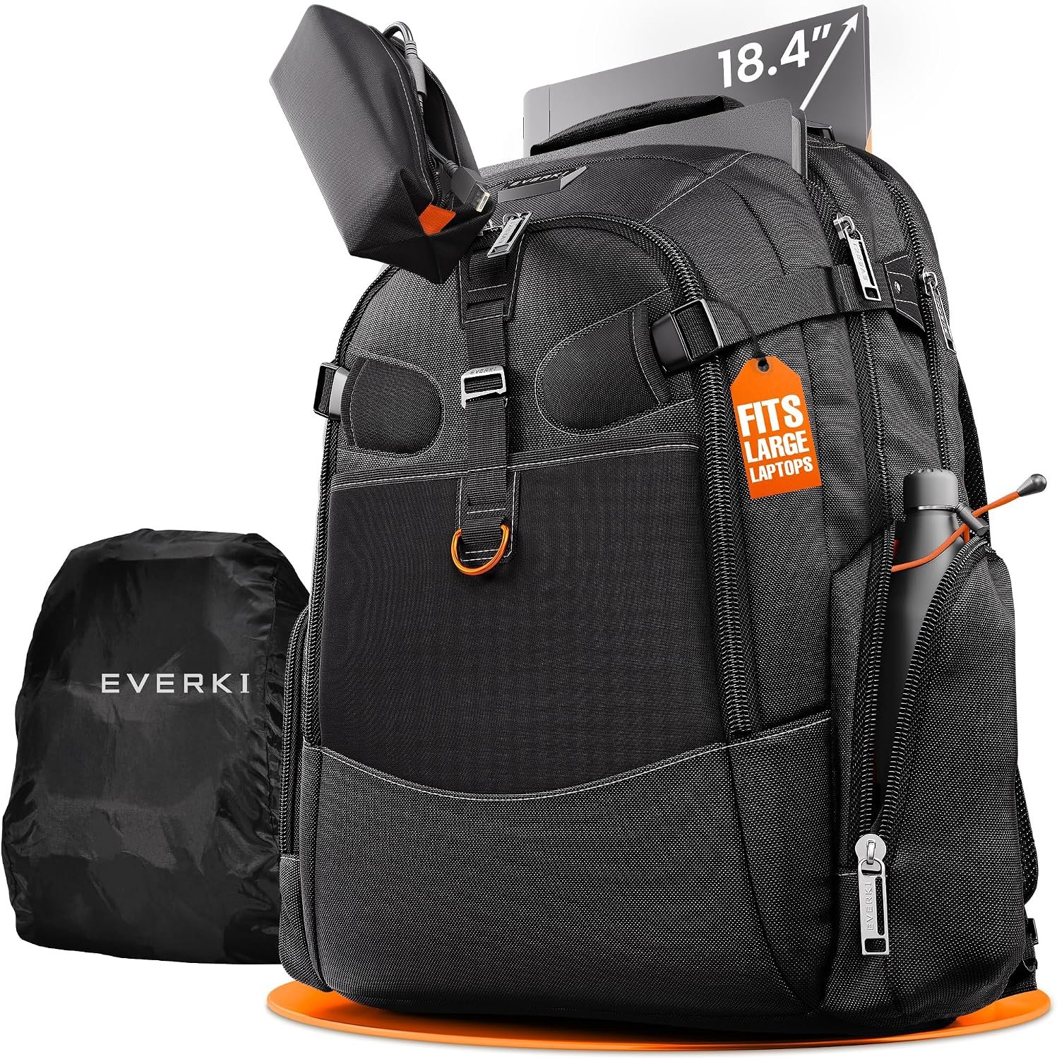 EVERKI Business 120 Laptop Backpack with Rain Cover, Black – 40L | Nylon, Polyester, Durable, Multi-Padded Pockets, Travel-Friendly, School & Work, 180° Fold-Out Design, Fits up to 18.4″