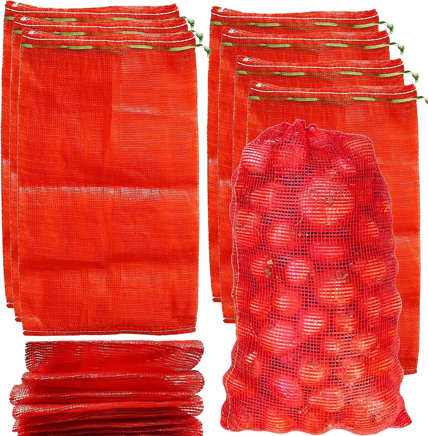 24 Pack 20” x 14” Mesh Onion Bags, Reusable Drawstring Fresh Produce Storage Bags for Onions, Vegetables, Potatoes, Citrus, Crawfish Firewood