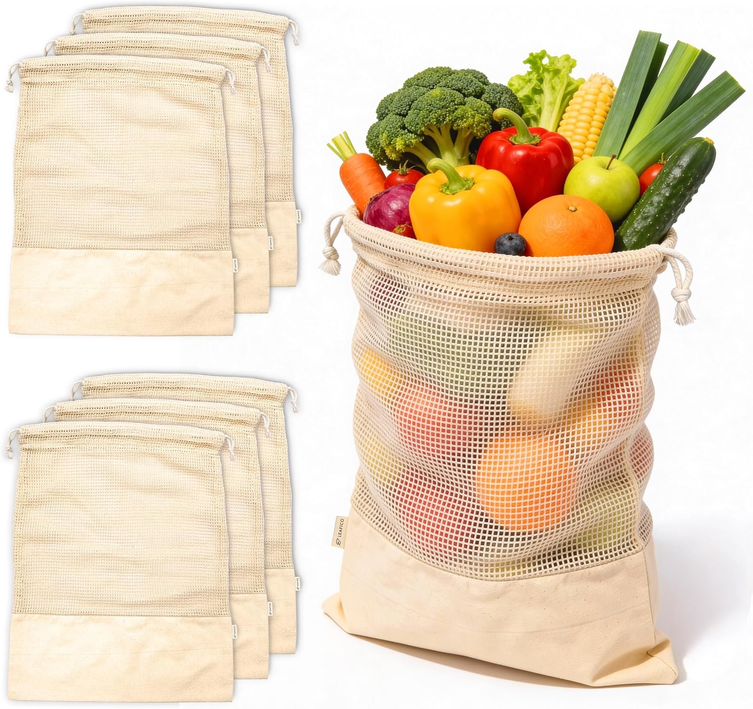 Reusable Produce Bags – 100% Cotton Mesh & Solid Hybrid (XL 14×18 inch 6 Pcs) – Extra Large Bags for Potatoes, Laundry, Toys, Bulk Storage – Washable, Plastic-Free, Breathable, Zero Waste