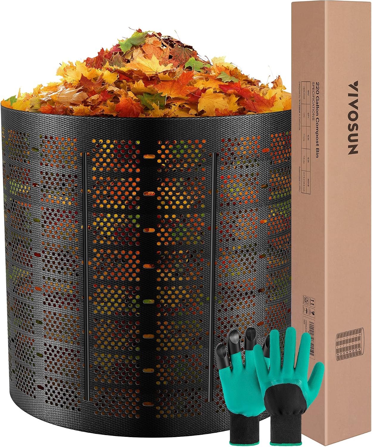 VIVOSUN 220 Gallon Outdoor Compost Bin, Expandable Composter | Easy to Setup & Large Capacity for Backyard, Lawn (Black with Gloves)