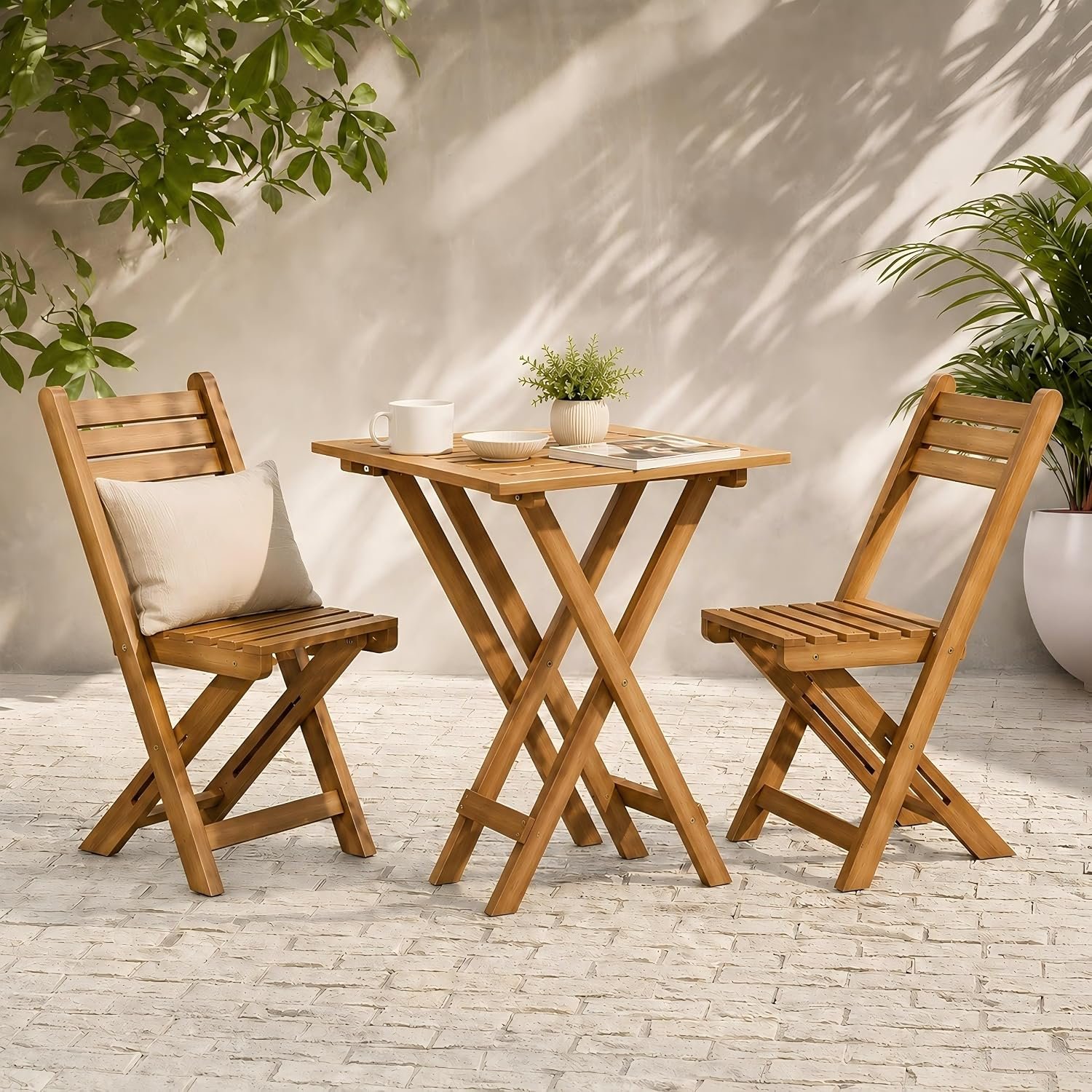 DIBRATY Folding Acacia Wood Bistro Set, 3-Piece Outdoor Patio Table and Chairs w/Distressed Finish, Foldable Furniture for Balcony, Backyard, Porch, Campsite, Supports 240 lbs per Chair,Natural