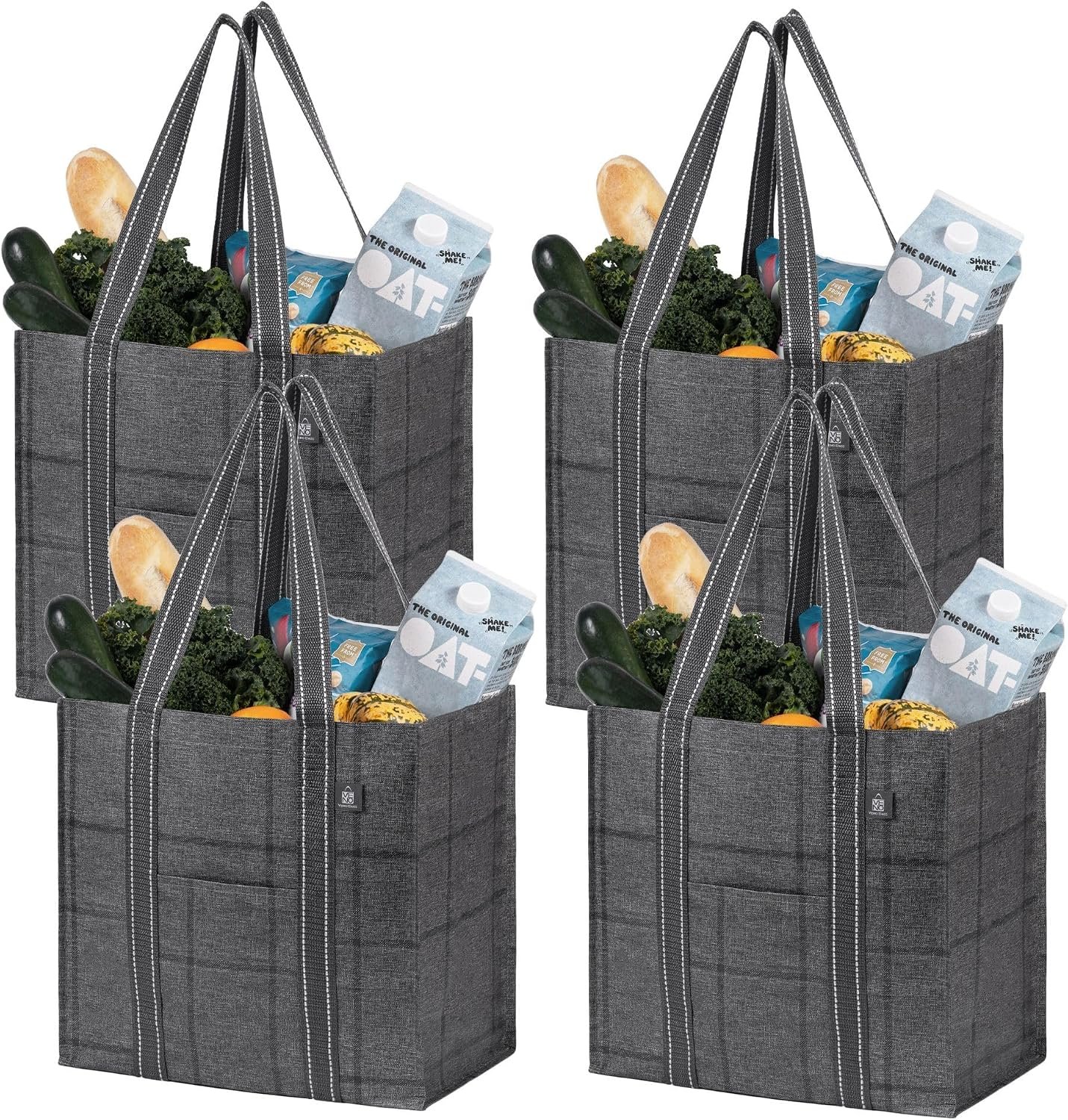 VENO 4 Pack Large Grocery Bag Reusable Shopping Bags with Hard Bottom | Utility Tote with Reinforced Handles, Heavy Duty, Foldable, Stand Upright, for Groceries Shopping Cart (Windowpane, 4 Pack)