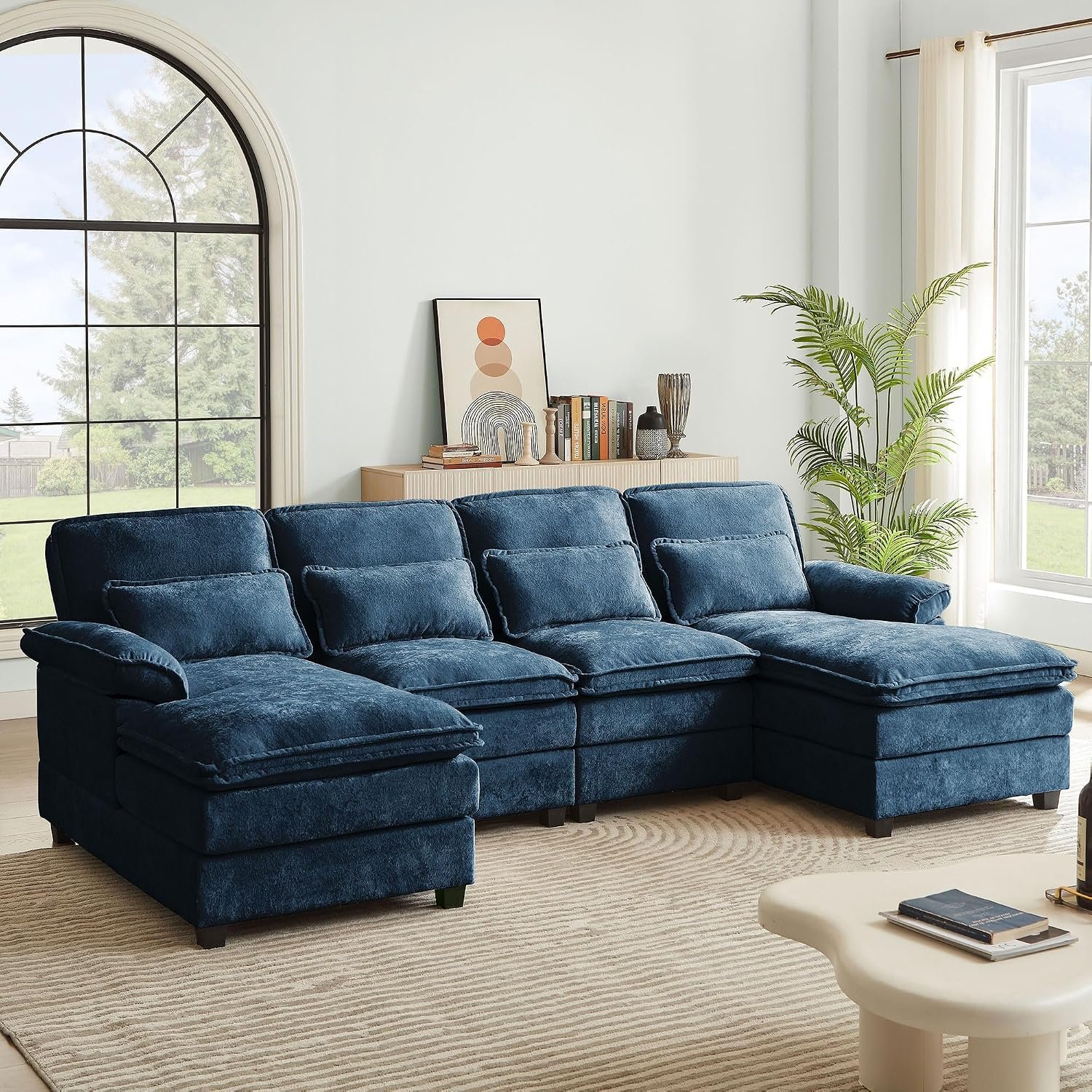 112″ Modular Sectional Sofa, U Shaped Comfy Cloud Couch with Double Chaise and Padded Armrests, Modern Deep Seat Sectional Couches for Living Room, Apartment, Office, Dark Blue