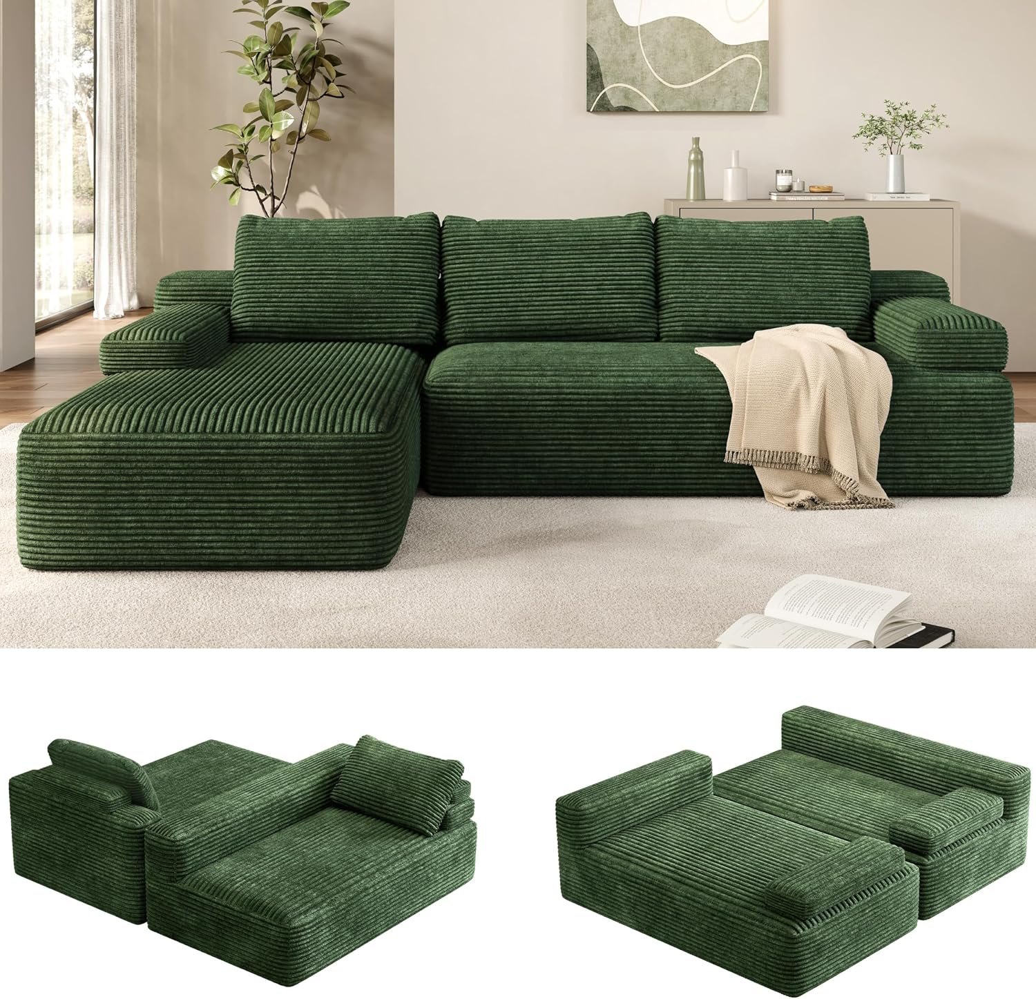 Yaheetech 110″ Sectional Sofa Boneless Couch with Chaise, Green | Sectional Sofa Cloud Couch Corduroy Modular L-Shape Couch No Assembly Sofa with Detachable Pillow for Living Room Guest Room