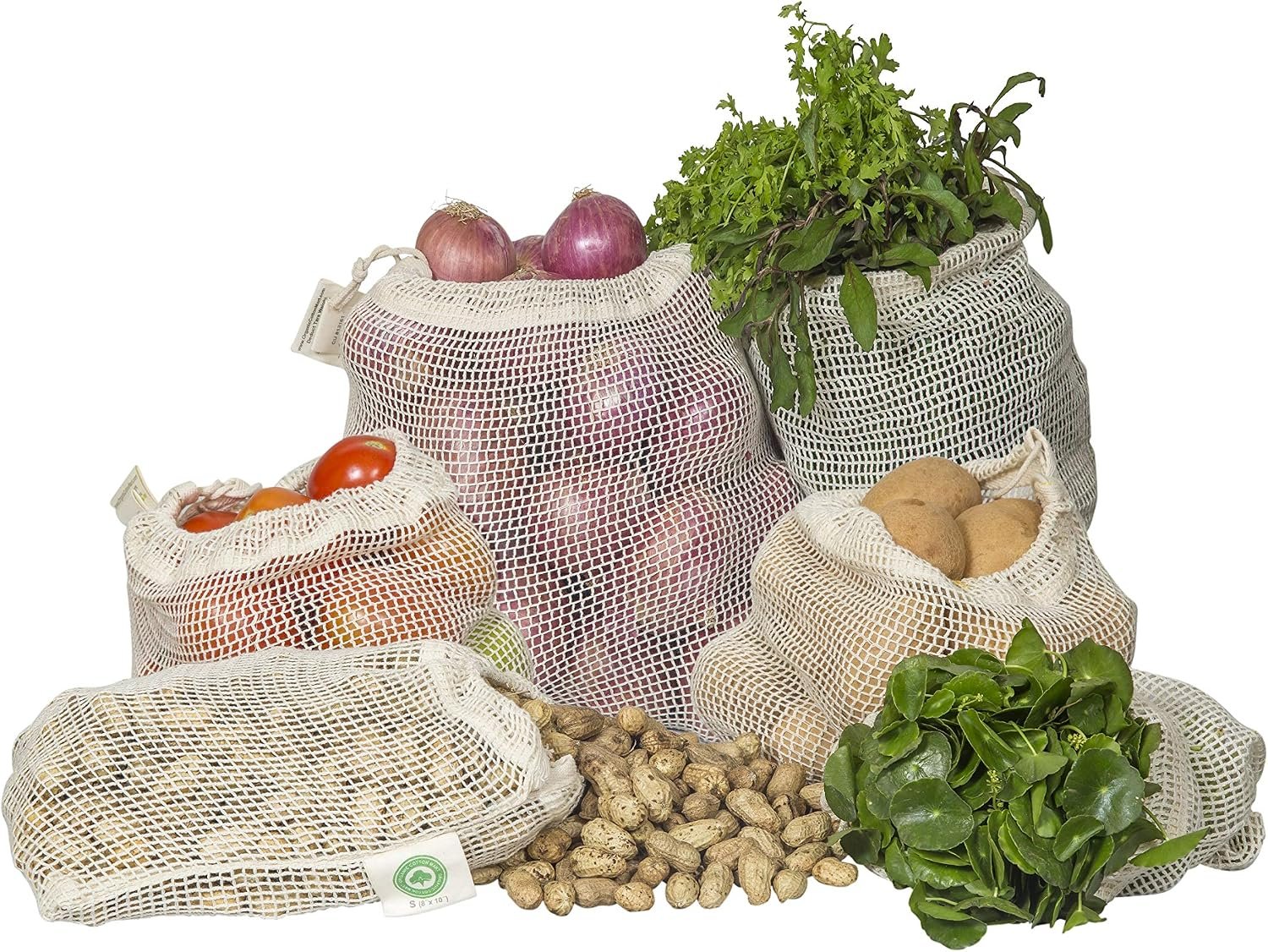 Reusable Mesh Produce Bags – 8 Pack, 100% Organic Cotton Reusable Net Vegetable Bags – Environment-friendly & Washable Fruit, Vegetable & Produce Sacks (2 X Large, 2 Large, 2 Medium, 2 Small)