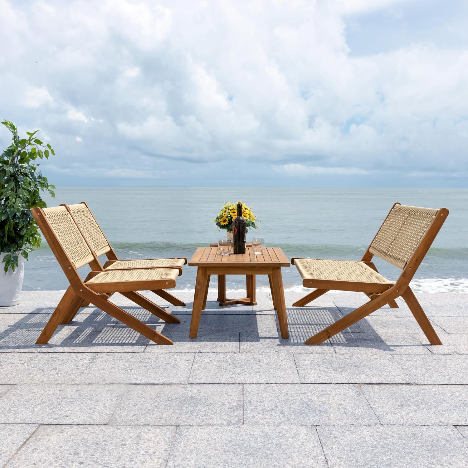 SAFAVIEH Outdoor Collection Kobina Natural/Natural Rope Solid Wood 5-Piece Conversation Patio Set