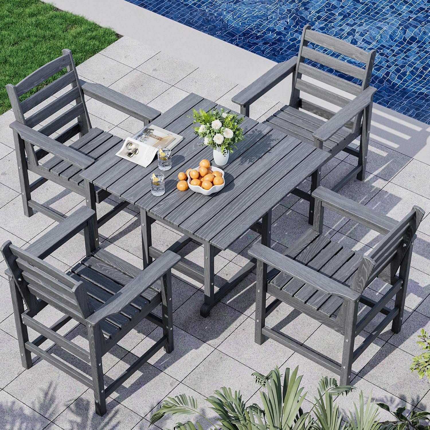Dining Table Set, 5-Piece HDPE Outdoor Dining Set for 4, Gray | 1 Square Tables & 4 Chairs, 1.7″ Umbrella Hole, 300 lb/Chair, Waterproof Wood-Grain Surface, 3-Box Delivery