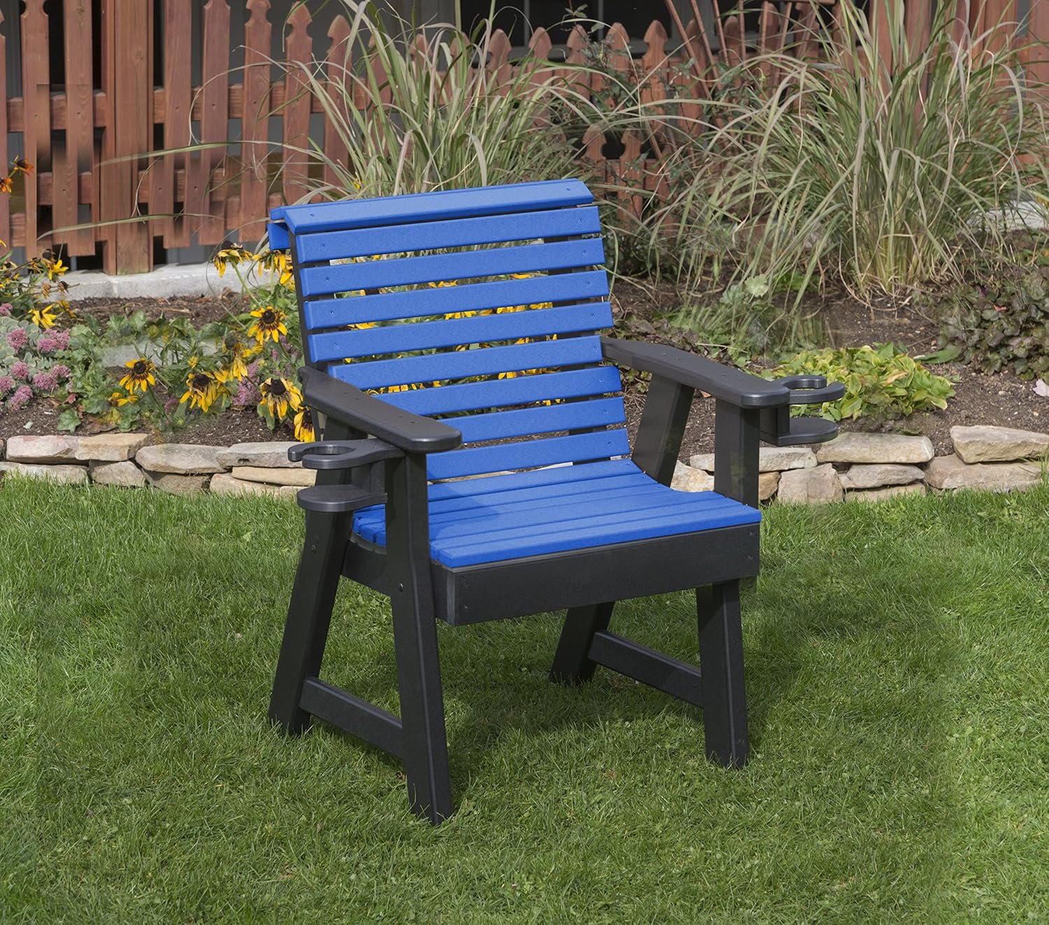 Blue-Poly Lumber ROLL Back Poly Resin 2 FEET Patio Garden Chair with Cupholder arms Heavy Duty Everlasting PolyTuf HDPE – Made in USA – Amish Crafted