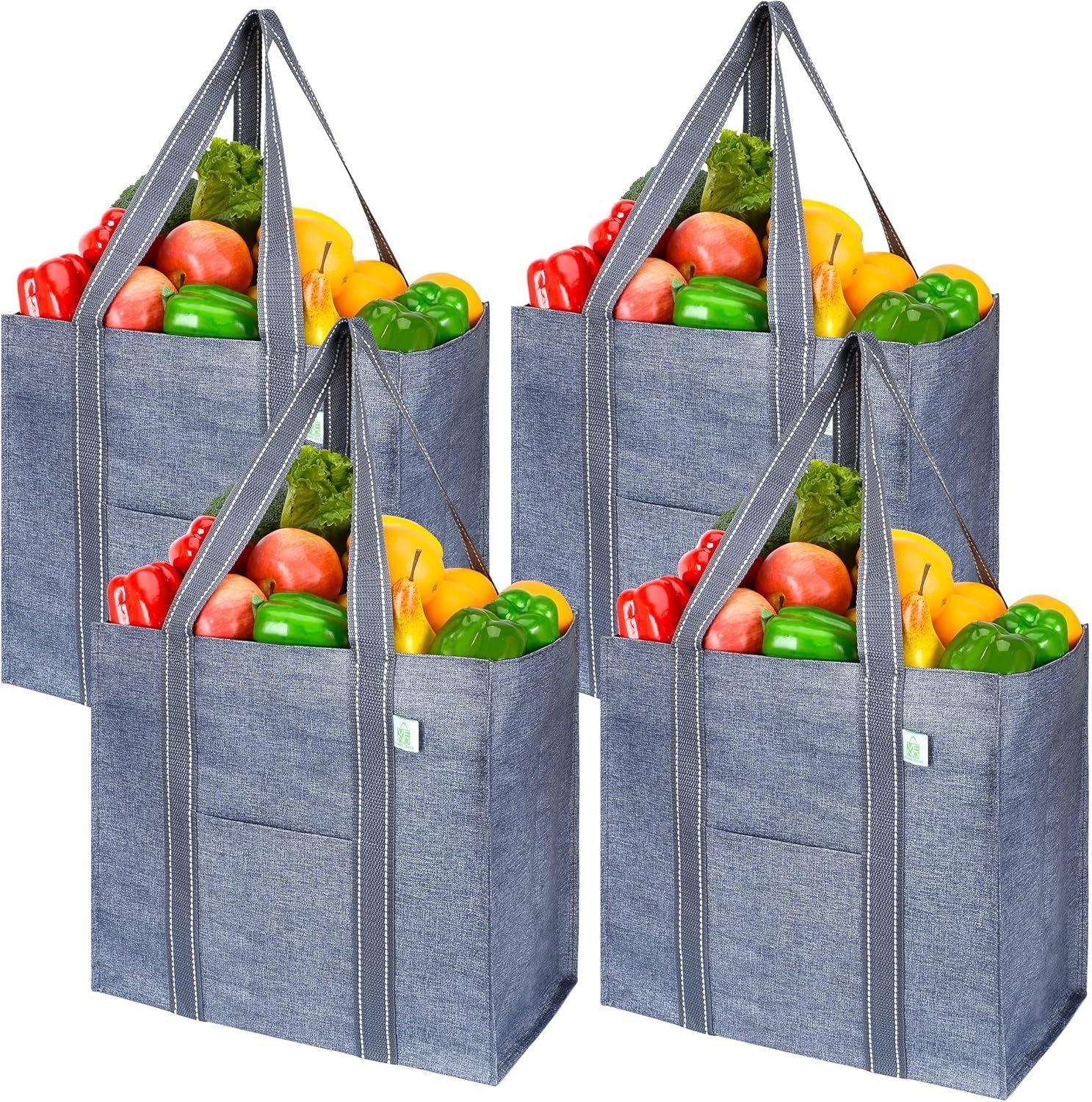VENO 4 Pack Large Grocery Bag Reusable Shopping Bags with Hard Bottom | Utility Tote with Reinforced Handles, Heavy Duty, Foldable, Stand Upright, for Groceries Shopping Cart Storage(Gray, 4 Pack)